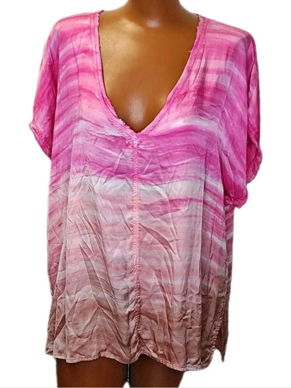 River And Sky Downtown Tee Woman Large Satin Pink Ombre Woven Raw Edged V-Neck